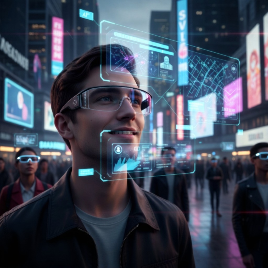 A futuristic concept of a person using smart glasses with an augmented reality display, showing the future impact of wearable tech on perception.