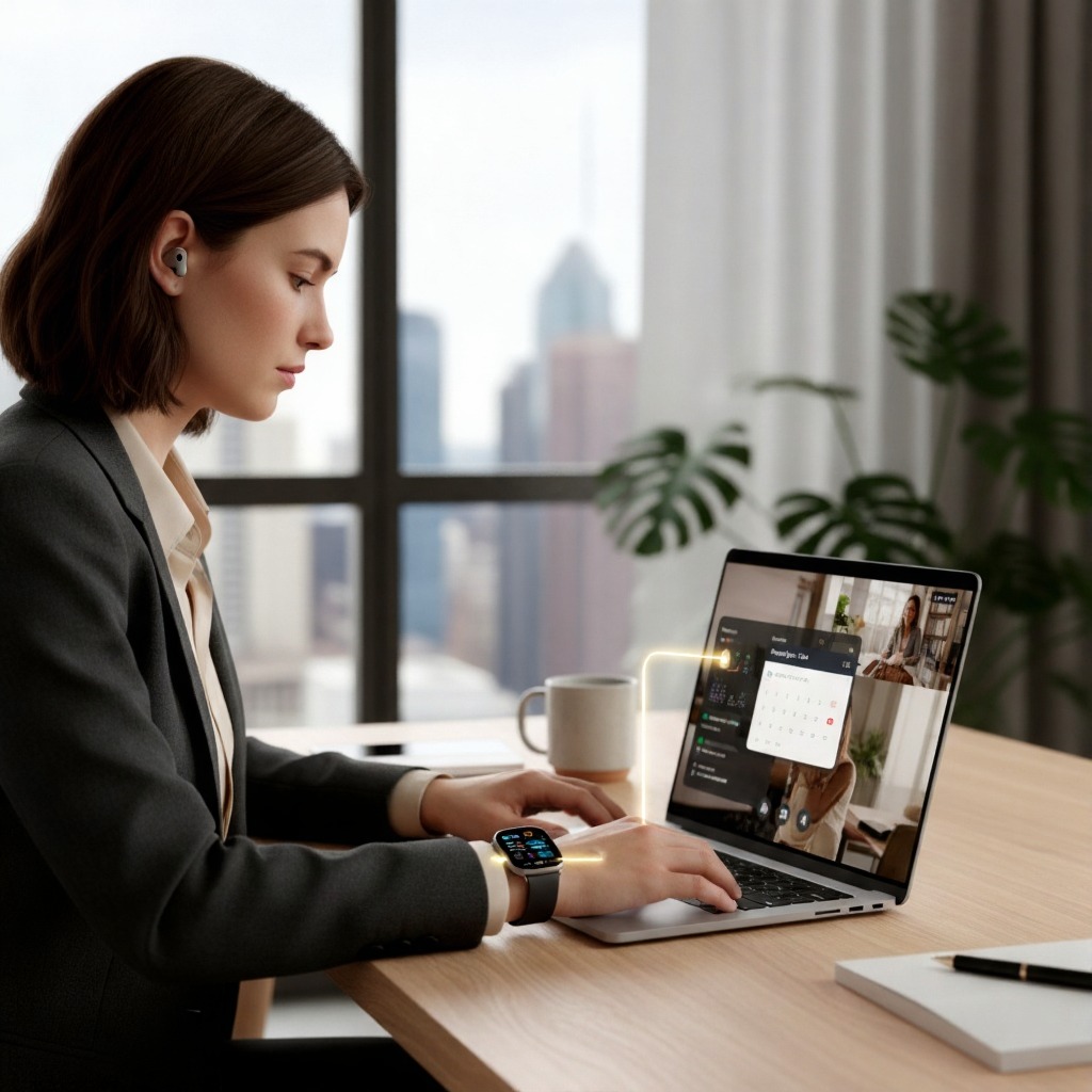 A person using a laptop with a modern, stylish smartwatch showcasing seamless integration of wearable technology into a workday.