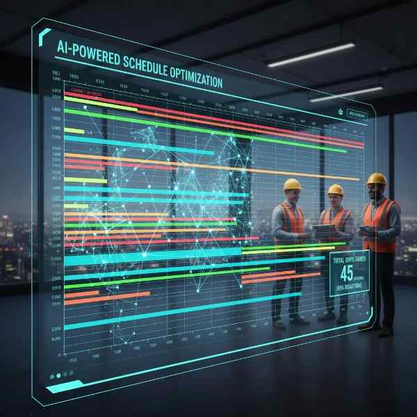 A complex construction schedule Gantt chart being optimized by AI algorithms" Top 10 Benefits of AI in Construction