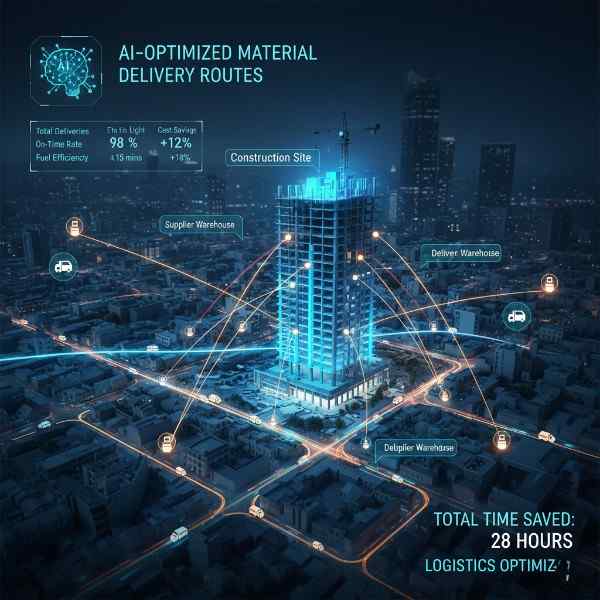 A map showing AI-optimized material delivery routes to a construction site