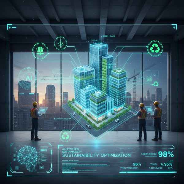 AI analyzing a building model with green energy and recycling icons