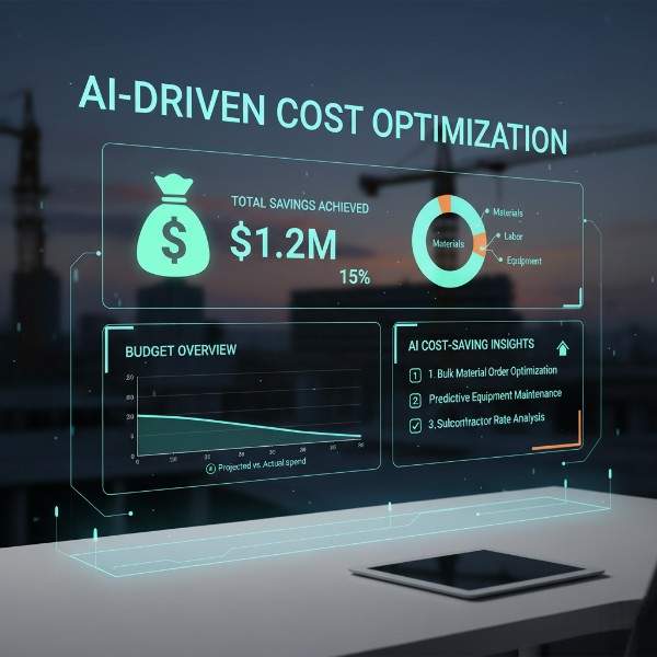 Dashboard showing a construction budget with AI insights highlighting cost savings areas