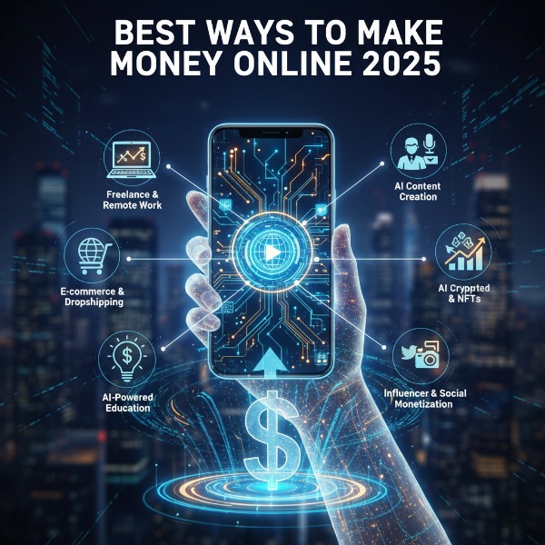 Make Money Online 2025 feature image showing diverse digital income streams
