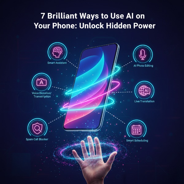 Smartphone with AI features: smart assistant, photo editing, translation, scheduling, call blocking, dictation