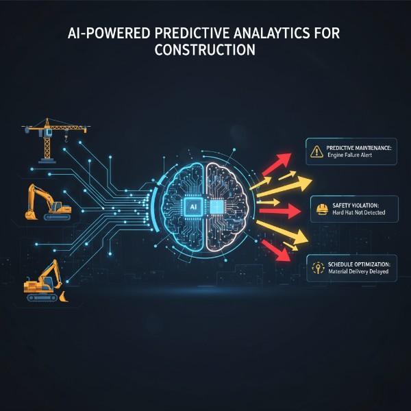 Top 10 Benefits of AI in Construction Graphic showing data flowing from construction equipment into an AI brain, outputting predictive alerts