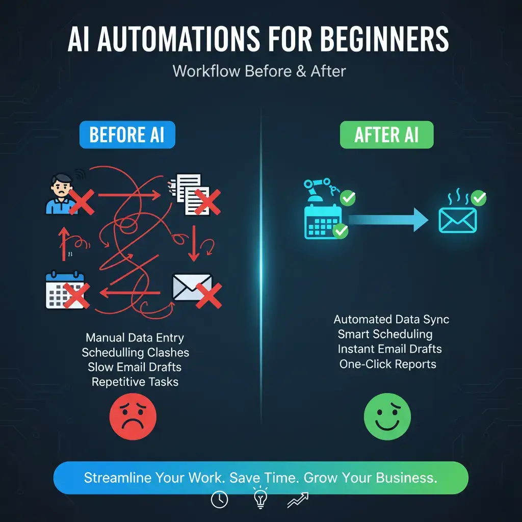 AI Automations for Beginners example showing a before/after workflow